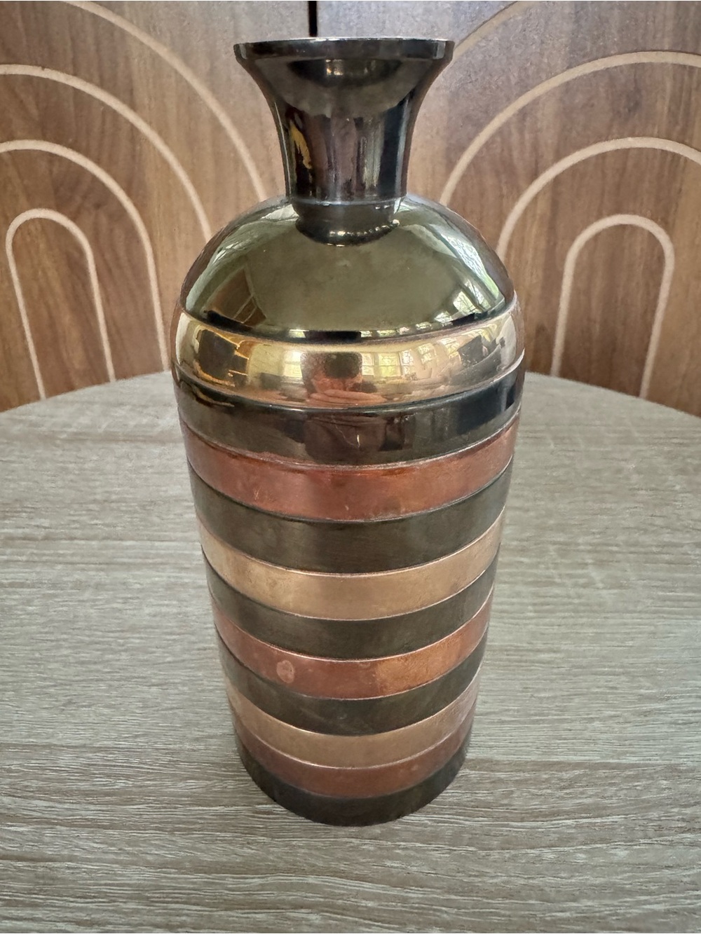 Decorative Striped Solid Brass Vase in Metallic Bronze and Copper